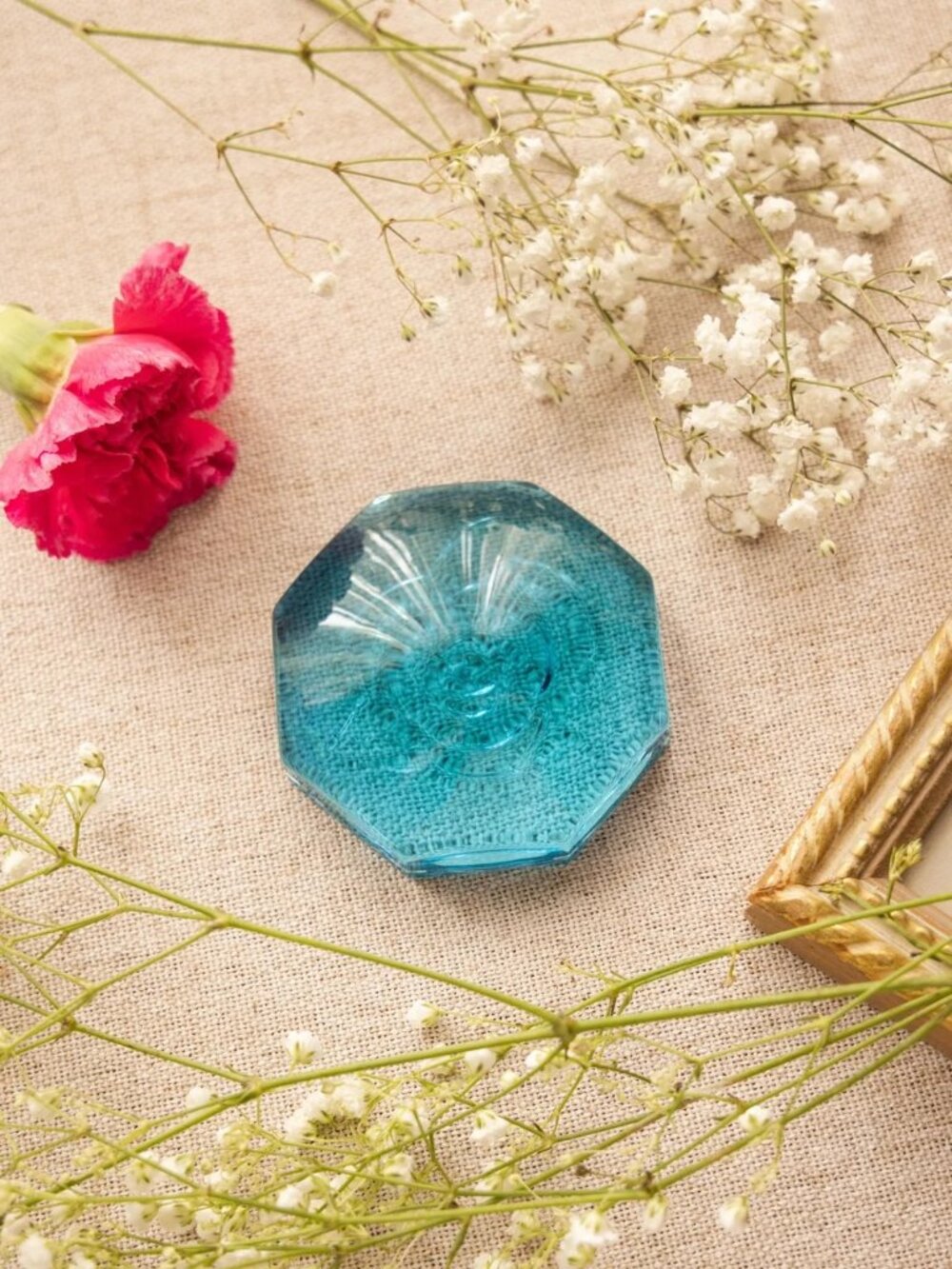 Small Blue Glass Rose Flower Paperweight Figurine